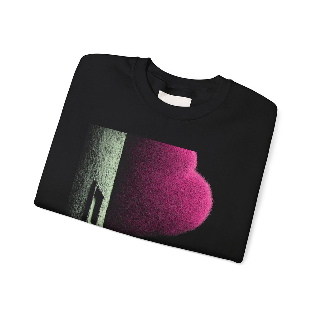 PURETE black crewneck sweatshirt featuring a graphic print of a pink textured shape on a white background.