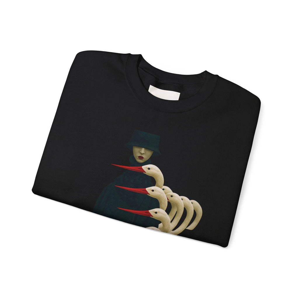 PURETE black crewneck sweatshirt featuring a surreal graphic of a cloaked figure with white bird-like heads