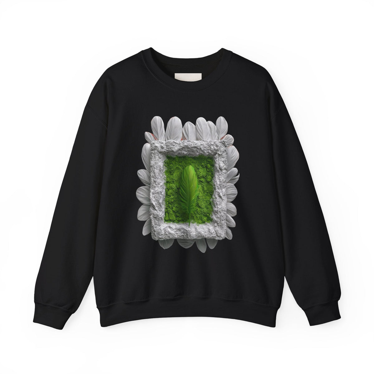 PURETE black crewneck sweatshirt featuring a green portal graphic framed by white feathers and textured stone.