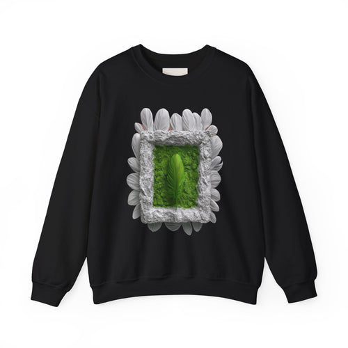 PURETE black crewneck sweatshirt featuring a green portal graphic framed by white feathers and textured stone.