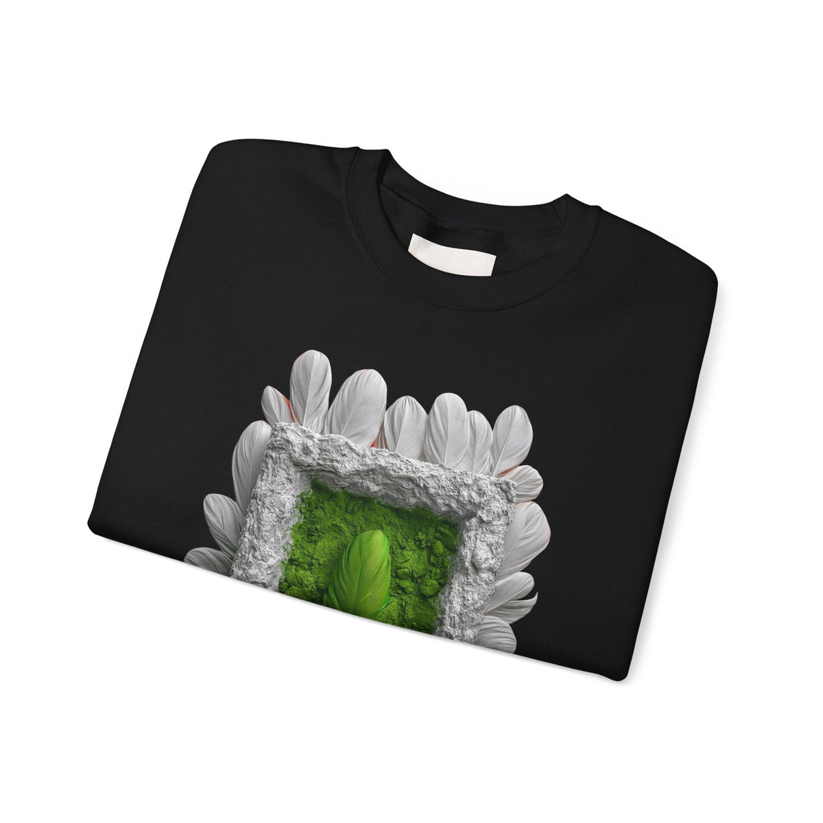 PURETE black crewneck sweatshirt featuring a graphic of a green portal framed by white feathers on a white background