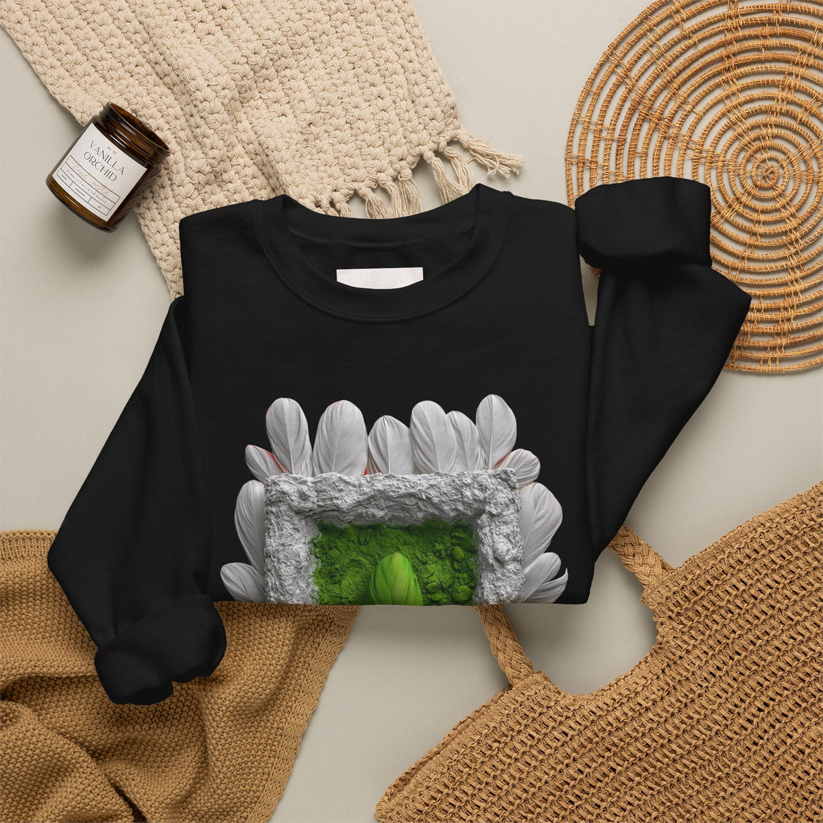 PURETE black crewneck sweatshirt featuring a green portal graphic framed by white feathers on a neutral background.