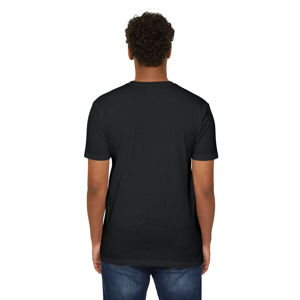 Back view of a person wearing a plain black PURETE unisex CVC jersey t-shirt made from a cotton-poly blend.
