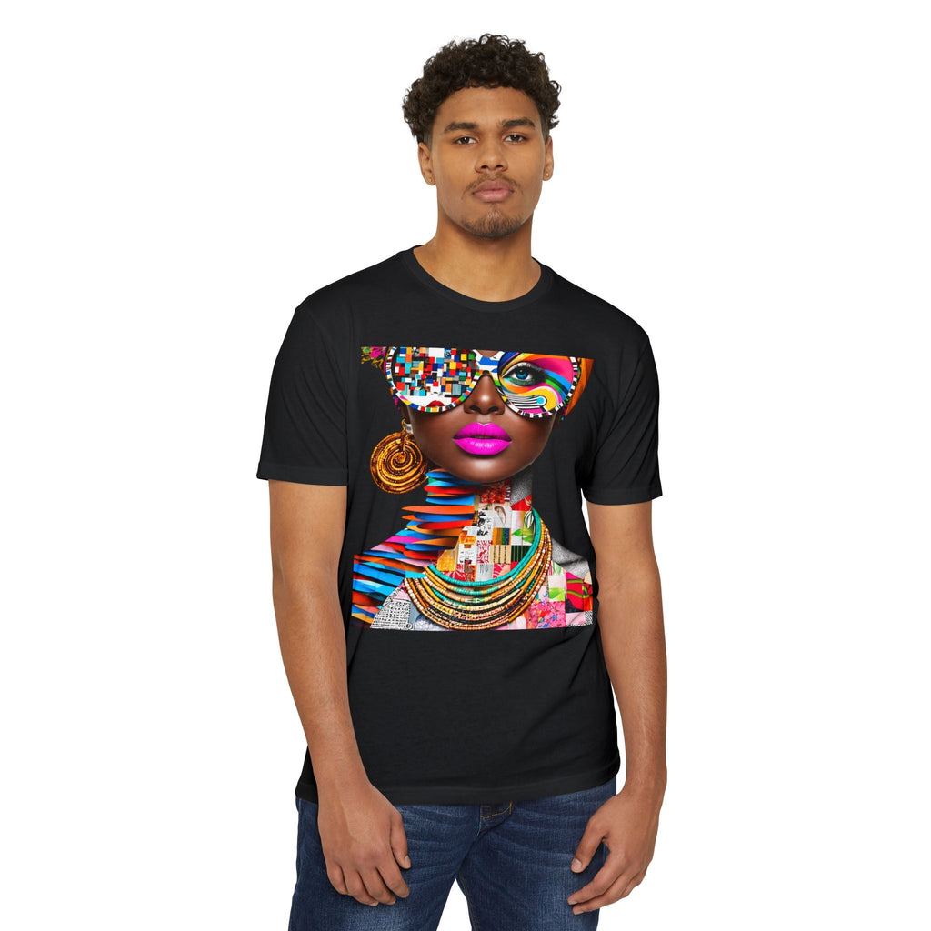 PURETE unisex black CVC jersey t-shirt featuring a vibrant pop art graphic of a woman with colorful glasses
