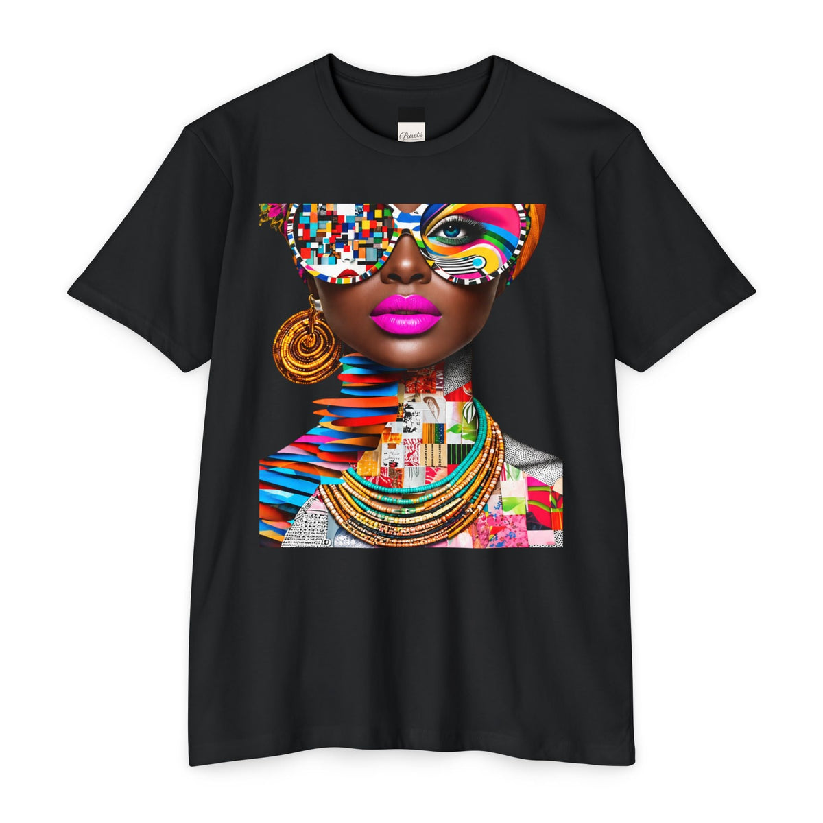 PURETE black unisex CVC jersey t-shirt featuring a vibrant pop art graphic of a woman with colorful glasses