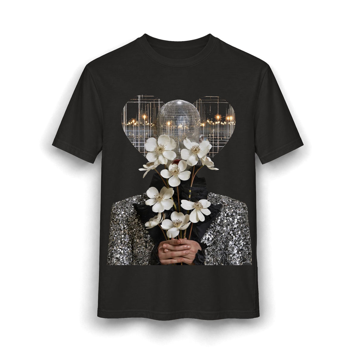 PURETE black cotton blend t-shirt featuring a graphic print of a disco ball head holding white flowers.