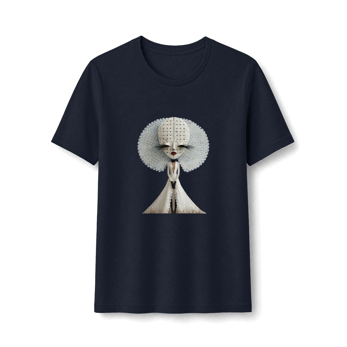 PURETE black fitted t-shirt featuring a surreal monochrome fashion doll graphic with a large textured halo.