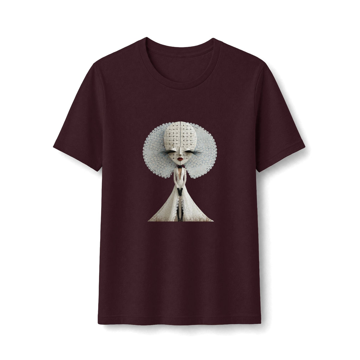 PURETE fitted black t-shirt featuring a surreal monochrome illustration of a stylized fashion doll with a large halo.