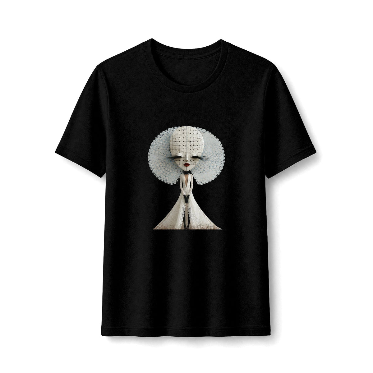 PURETE black fitted t-shirt featuring a surreal monochrome fashion doll graphic with a textured halo illustration.