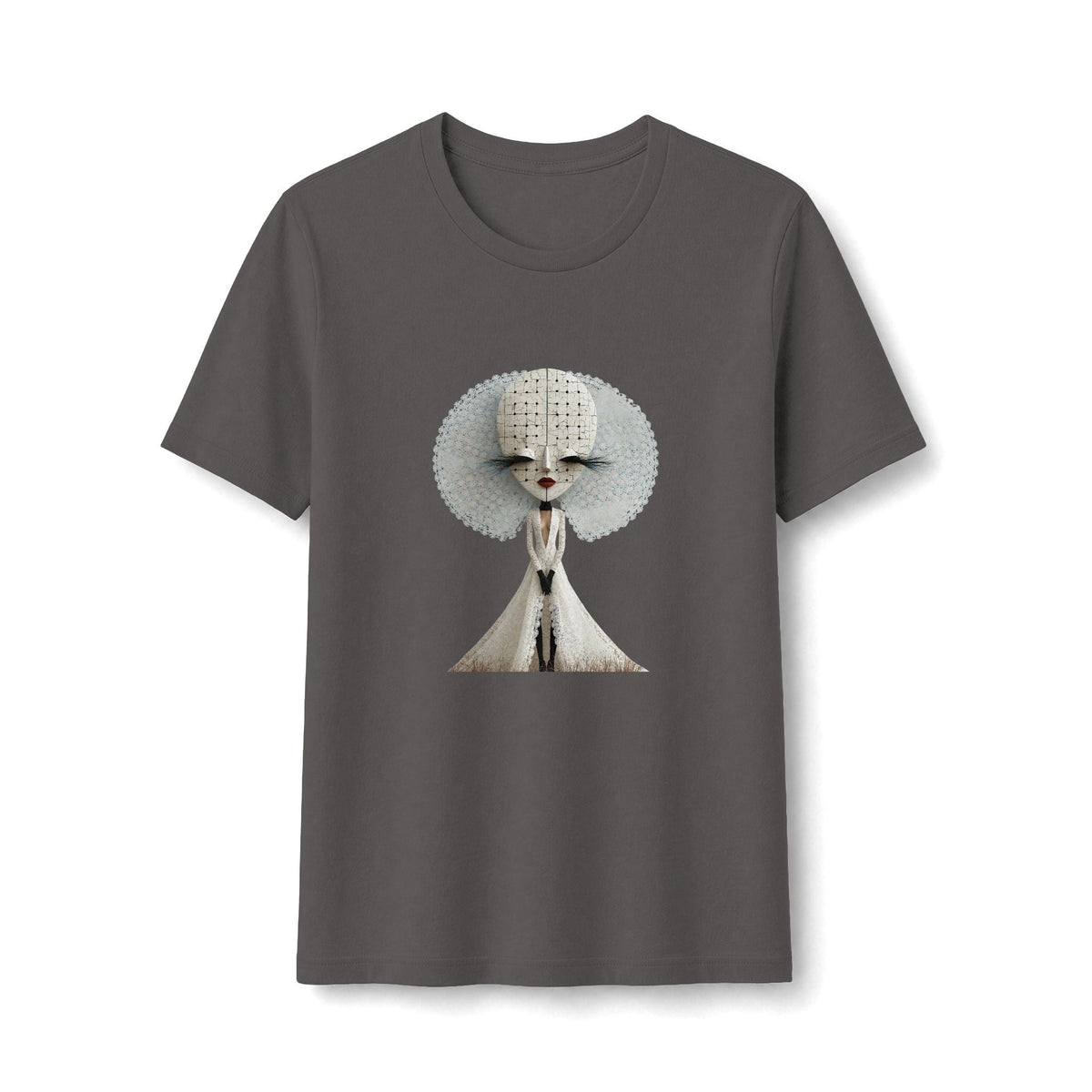 PURETE fitted black t-shirt featuring an abstract white fashion doll graphic with a large textured halo design.