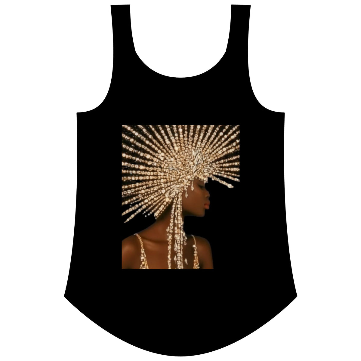 PURETE black women's festival tank top featuring a graphic print of a woman in a gold beaded headpiece