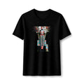 PURETE black fitted graphic t-shirt featuring a surreal robot figure adorned with white floral headpiece.