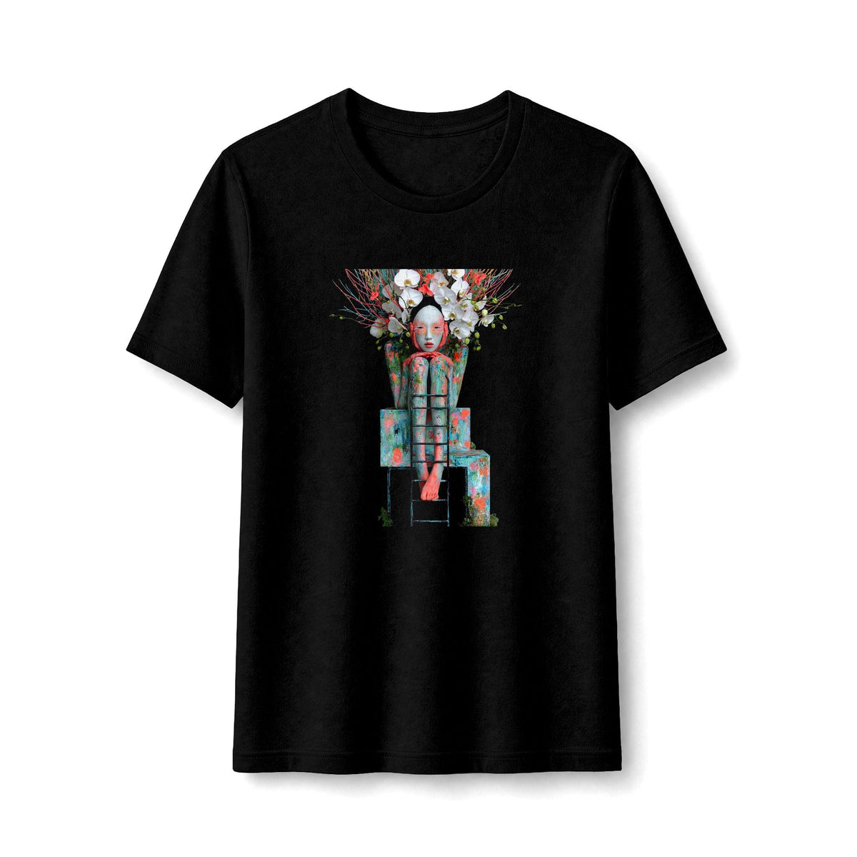 PURETE black fitted graphic t-shirt featuring a surreal robot figure adorned with white floral headpiece.
