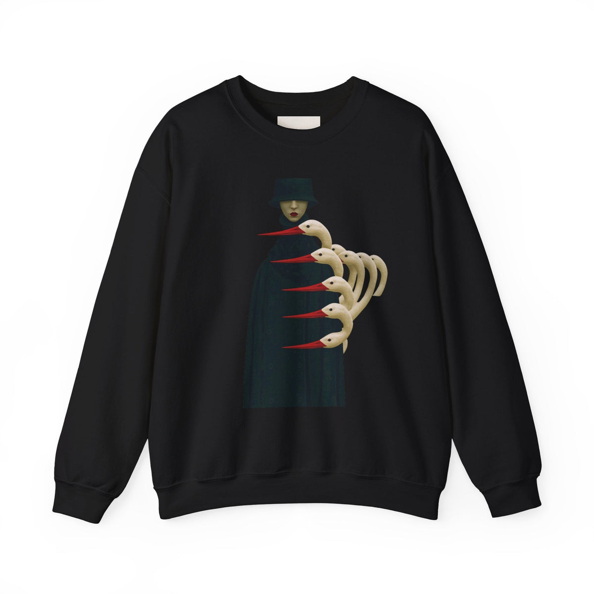 PURETE black crewneck sweatshirt featuring a surreal gothic graphic of a cloaked figure with skeletal bird-like hands.