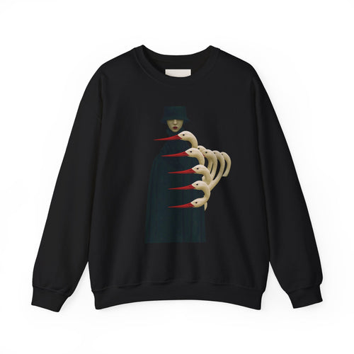 PURETE black crewneck sweatshirt featuring a surreal gothic graphic of a cloaked figure with skeletal bird-like hands.