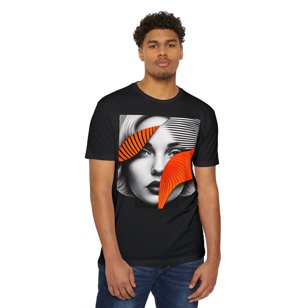 PURETE unisex black CVC jersey t-shirt featuring a graphic print of a woman's face with orange abstract accents
