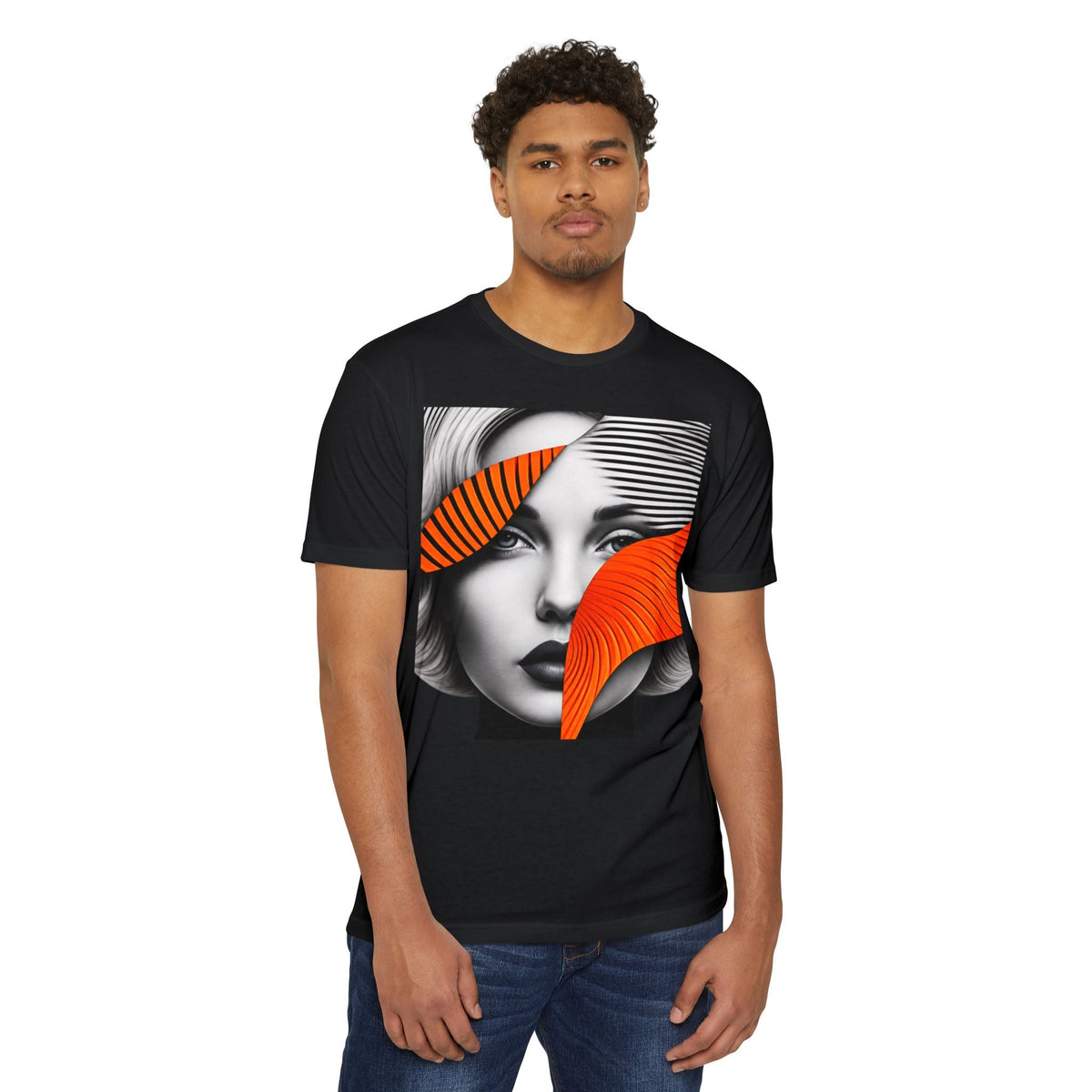 PURETE unisex black CVC jersey t-shirt featuring a graphic print of a woman's face with orange abstract accents