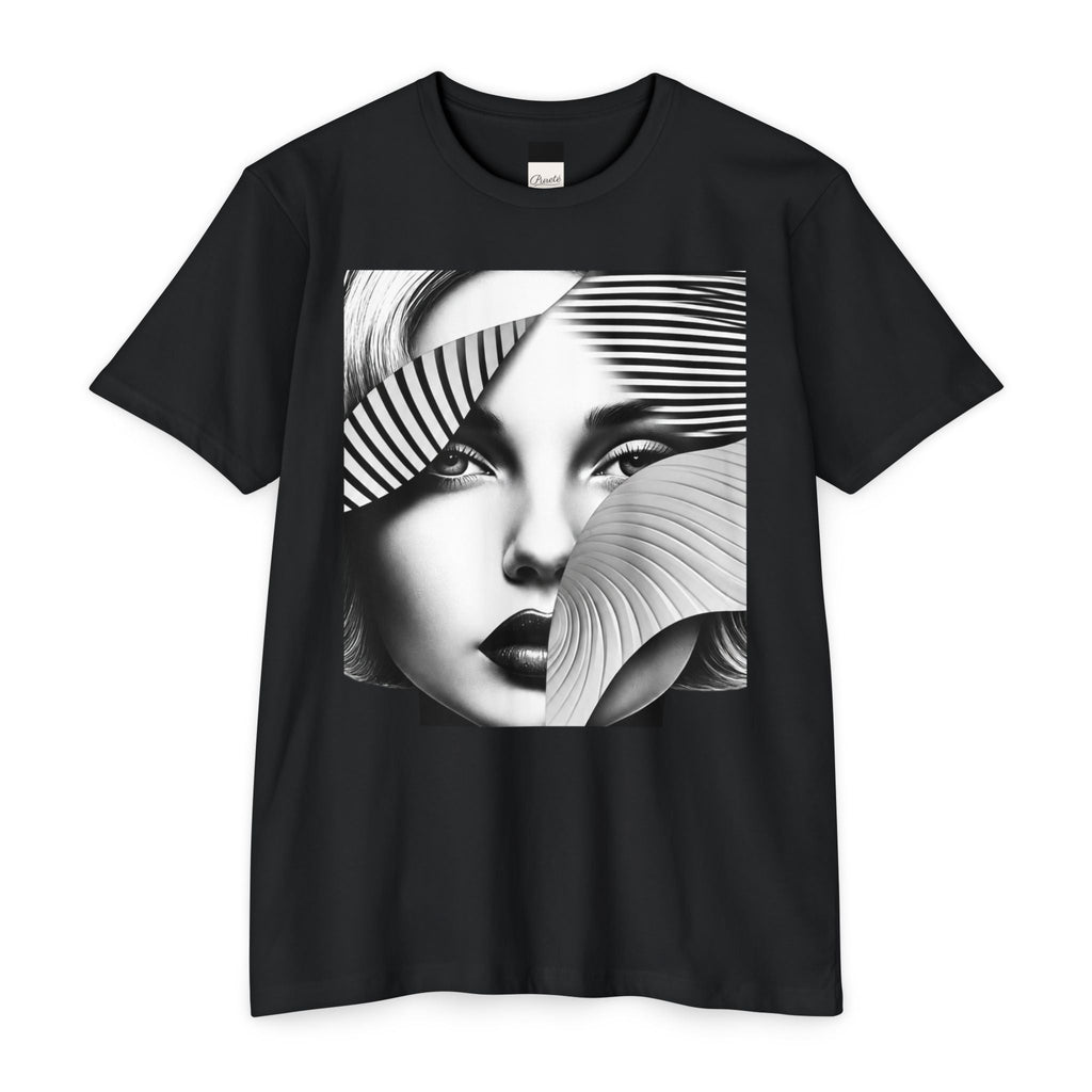 PURETE black unisex CVC jersey t-shirt featuring a graphic print of a woman's face with abstract geometric patterns.