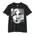 PURETE black unisex CVC jersey t-shirt featuring a graphic print of a woman's face with abstract geometric patterns.