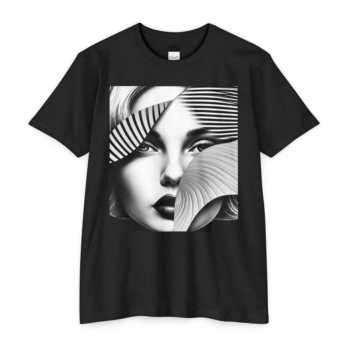 PURETE black unisex CVC jersey t-shirt featuring a graphic print of a woman's face with abstract geometric patterns.