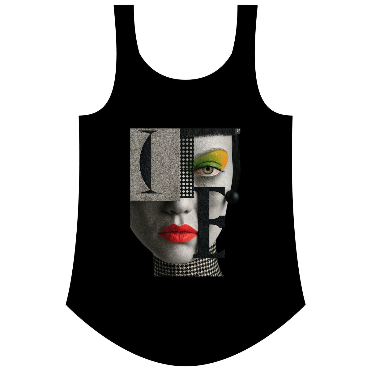 PURETE black scoop neck festival tank top featuring a graphic print of a woman's face with bold red lips and green eyeshadow.
