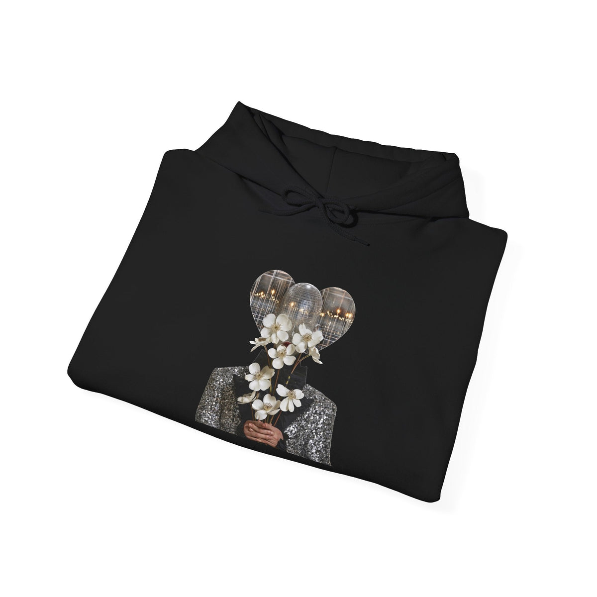 PURETE black cotton-blend hoodie featuring a graphic print of a person holding white flowers with balloon heads