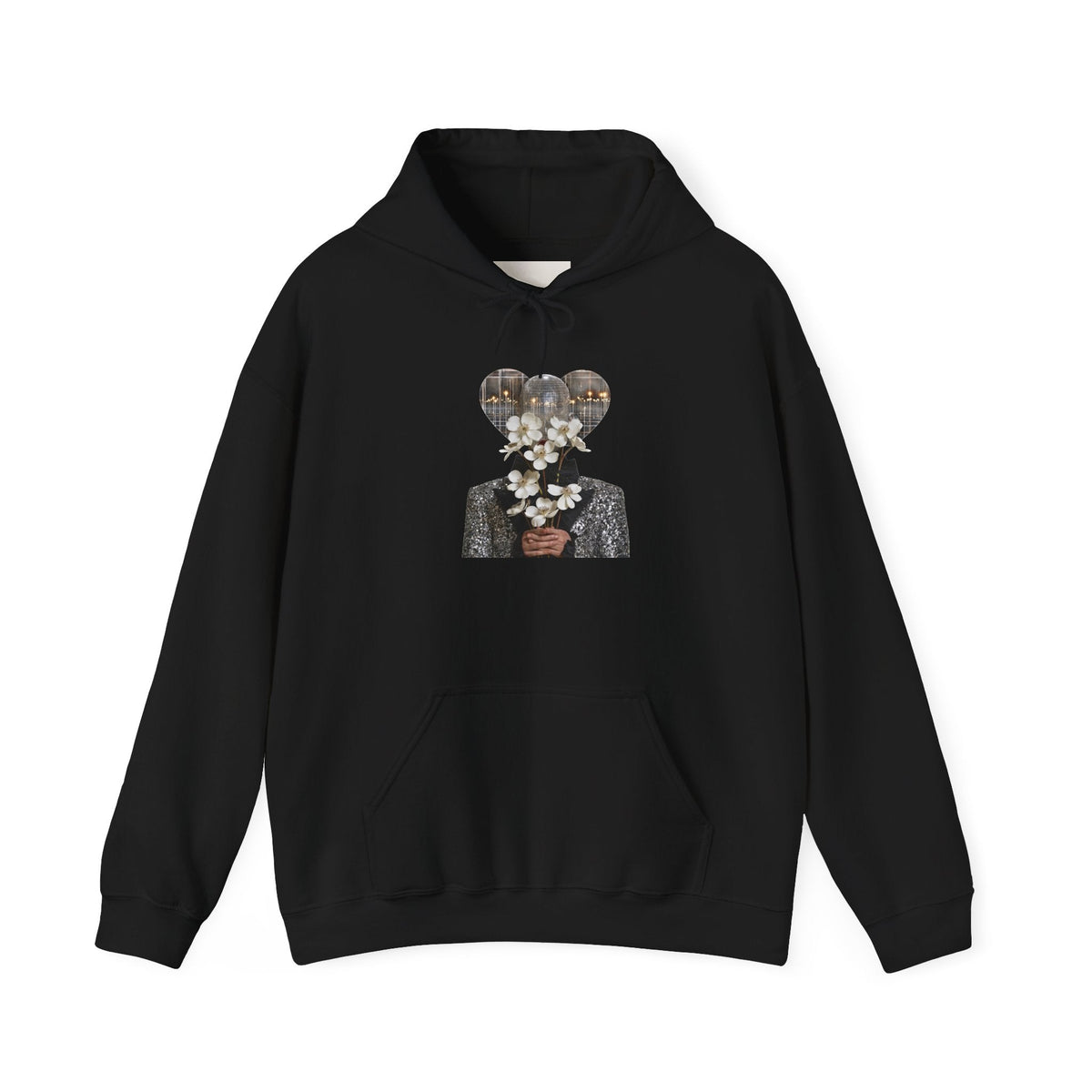 PURETE black cotton-blend hoodie featuring a surreal graphic print of a person holding white flowers.