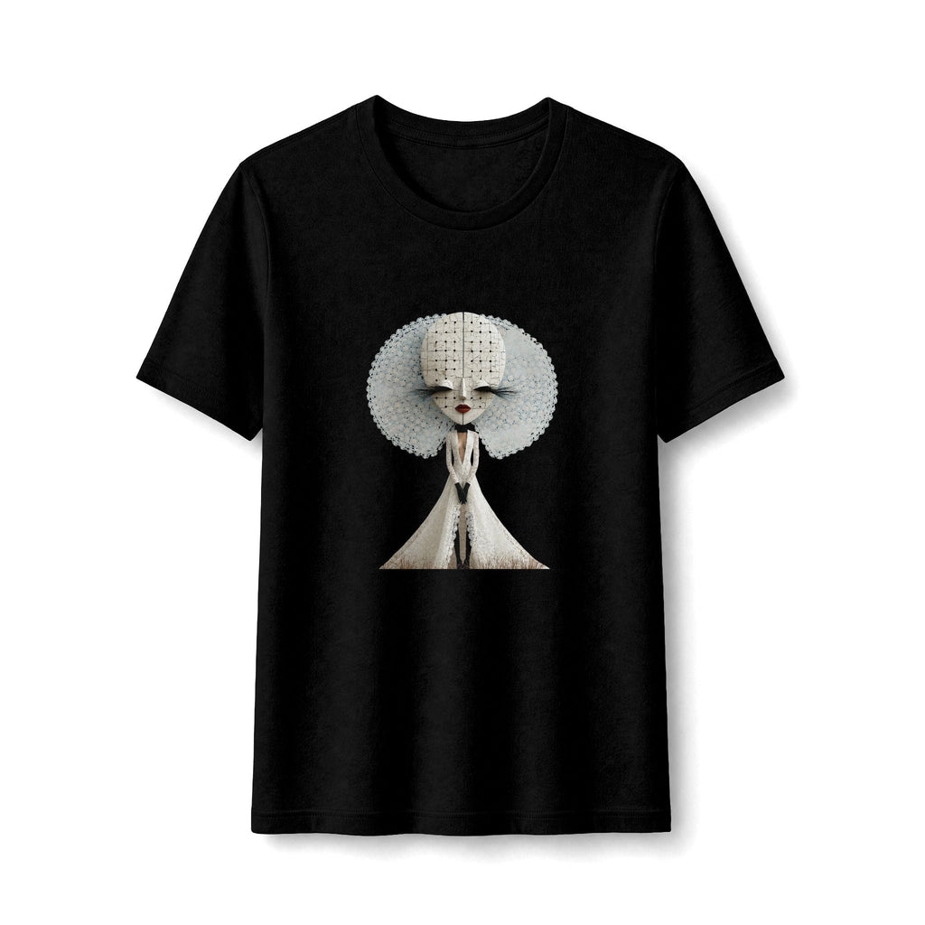 PURETE black fitted t-shirt featuring a stylized white graphic of an Afro Queen with a sculptural halo design.