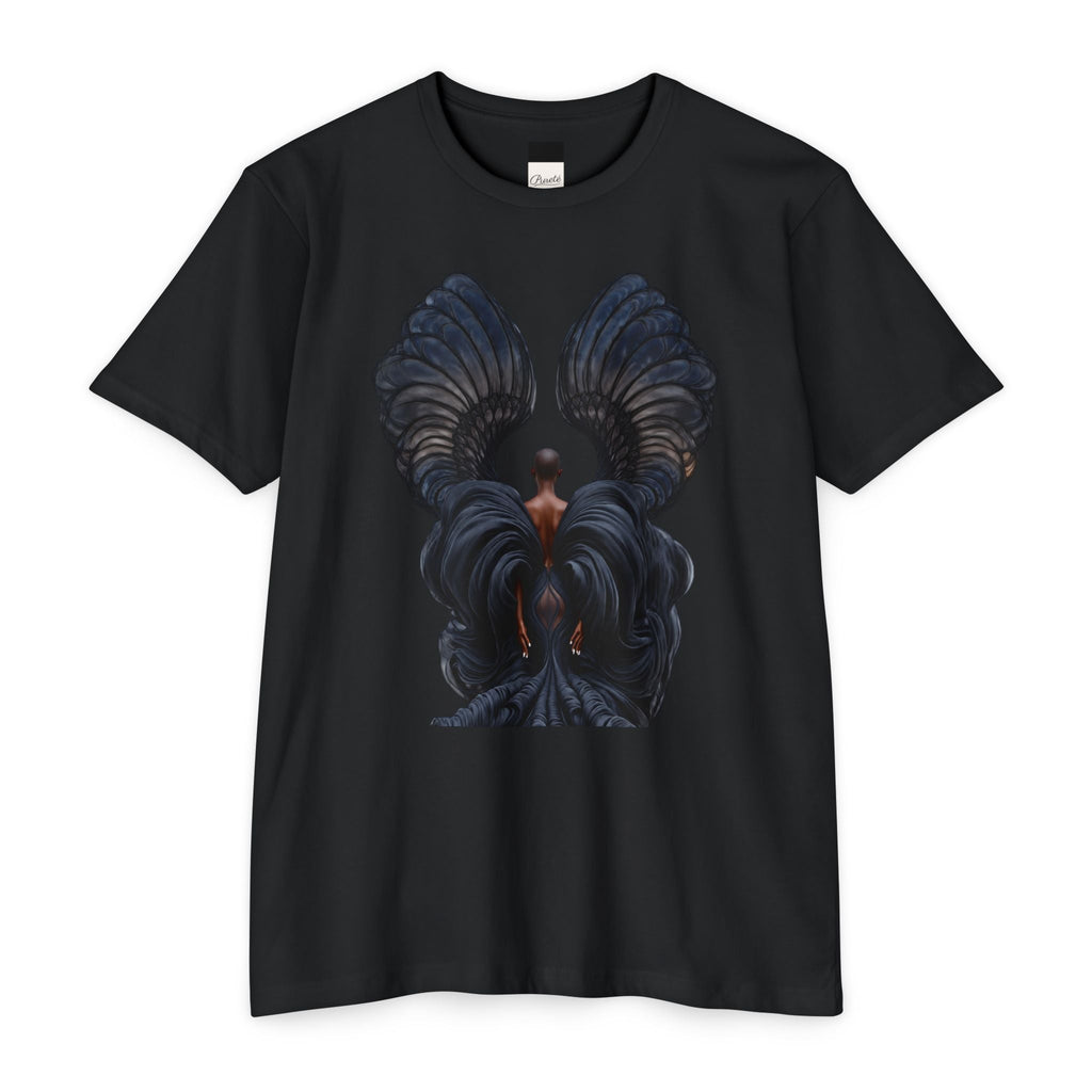 PURETE black cotton-poly blend unisex t-shirt featuring a detailed artistic print of a figure with dark wings.