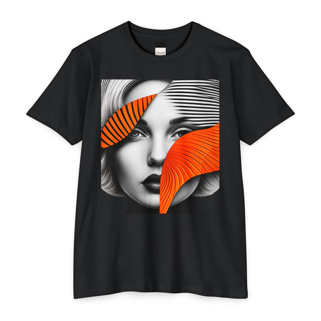 PURETE black unisex CVC jersey t-shirt featuring a graphic print of a woman's face with abstract orange accents.