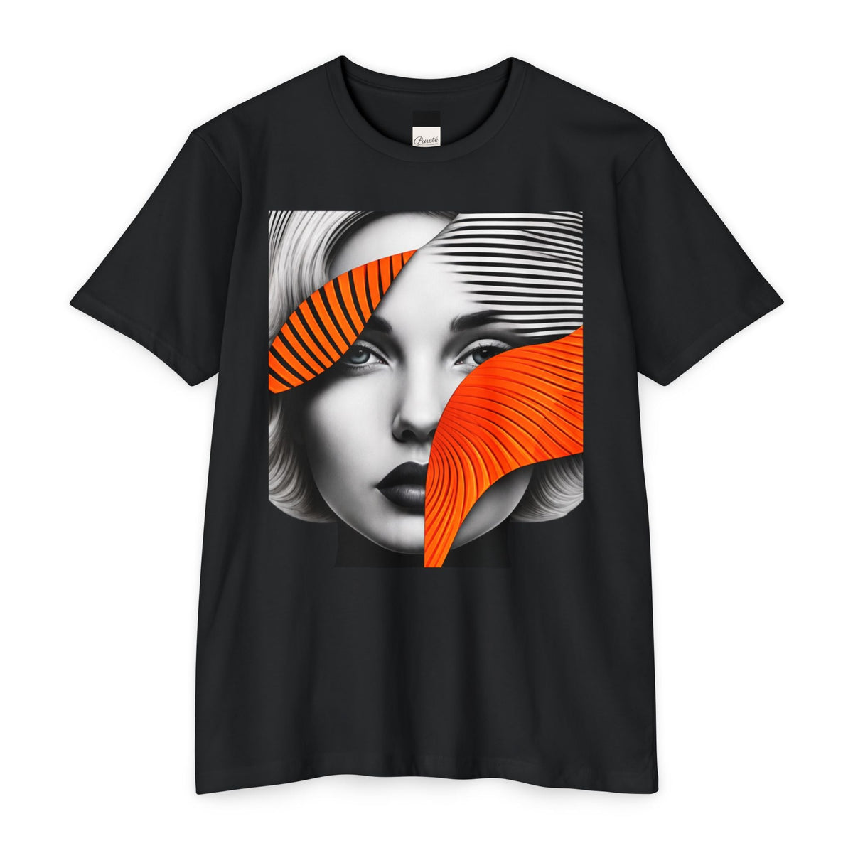 PURETE black unisex CVC jersey t-shirt featuring a graphic print of a woman's face with abstract orange accents.