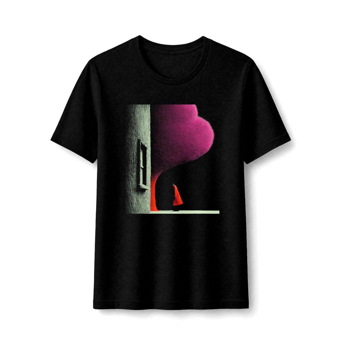 PURETE black fitted graphic tee featuring a lone figure in a red cloak by an arched doorway under a magenta sky.