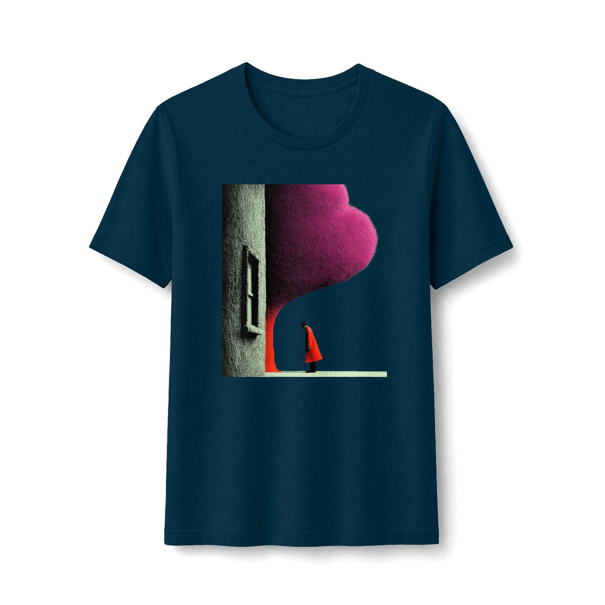 PURETE black graphic tee featuring a lone figure in a red cloak under a magenta sky, printed on soft cotton-poly.