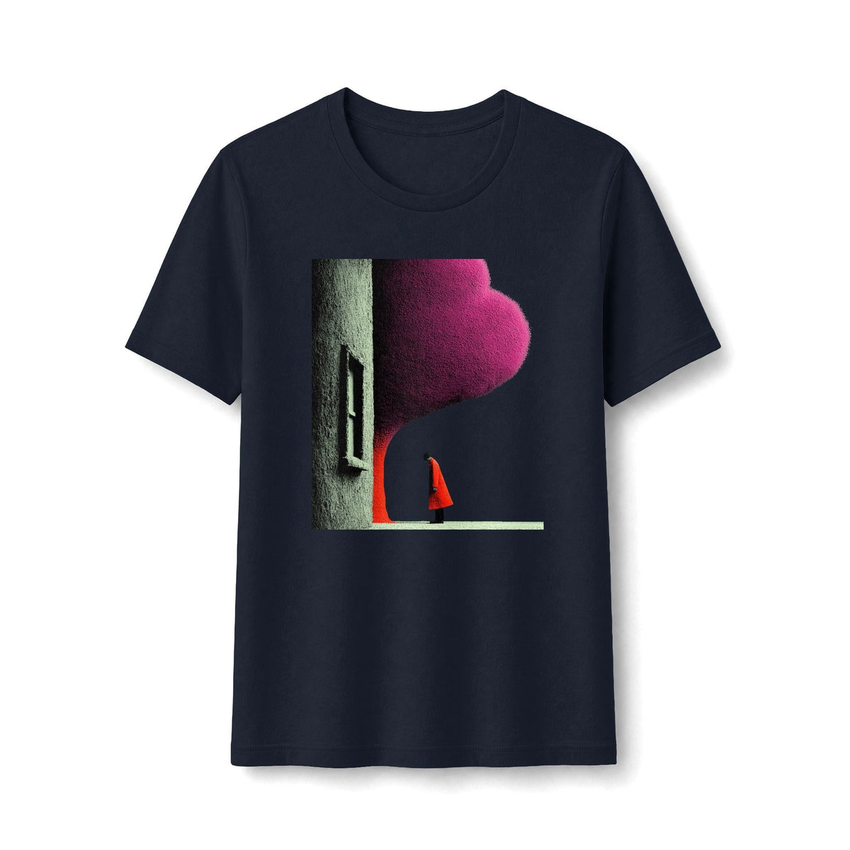 PURETE black fitted graphic tee featuring a lone figure in a red cloak under a magenta sky by an arched doorway.