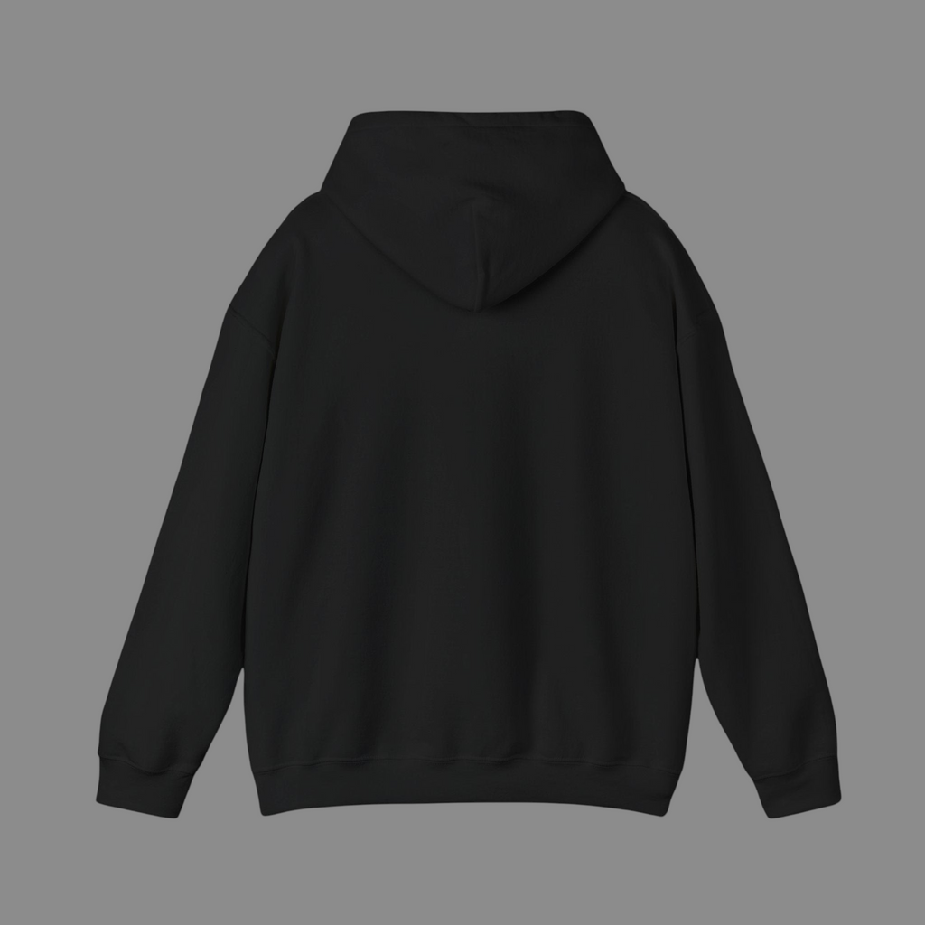 PURETE unisex black heavy blend hooded sweatshirt viewed from the back, featuring a double-lined hood and ribbed hem.