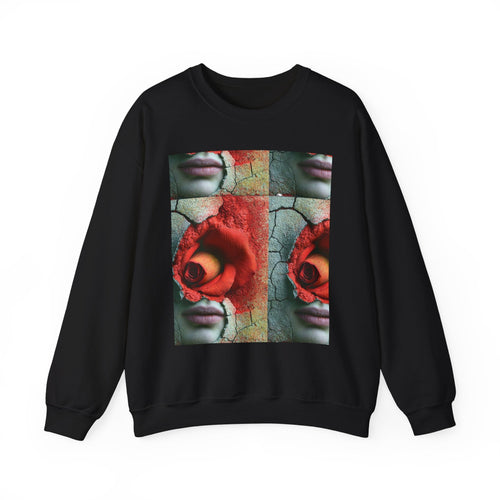 PURETE black crewneck sweatshirt featuring a surreal grid print of red roses, cracked earth, and human lips on the chest.