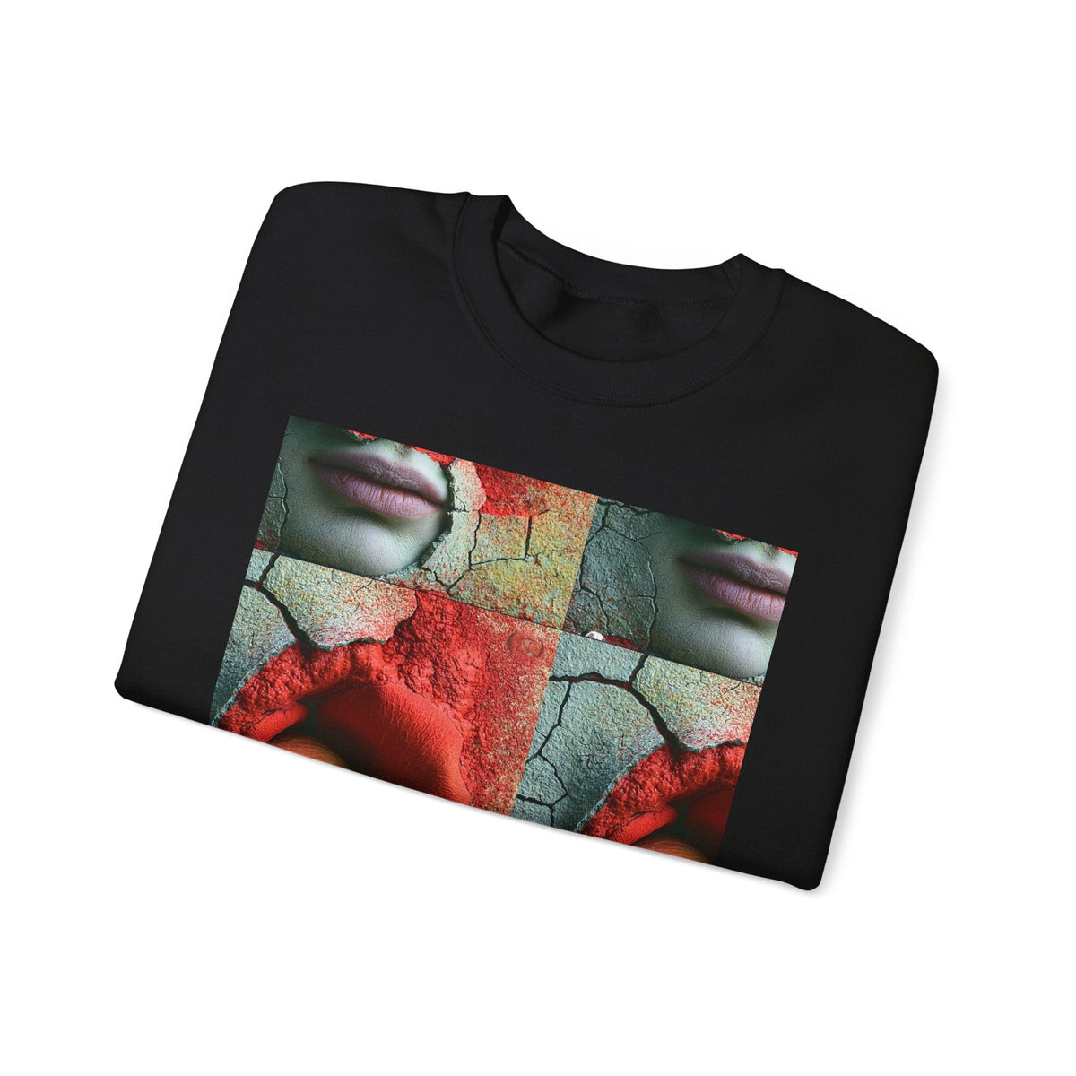 PURETE black crewneck sweatshirt featuring a surreal artistic grid print of a rose, cracked earth, and a human face.