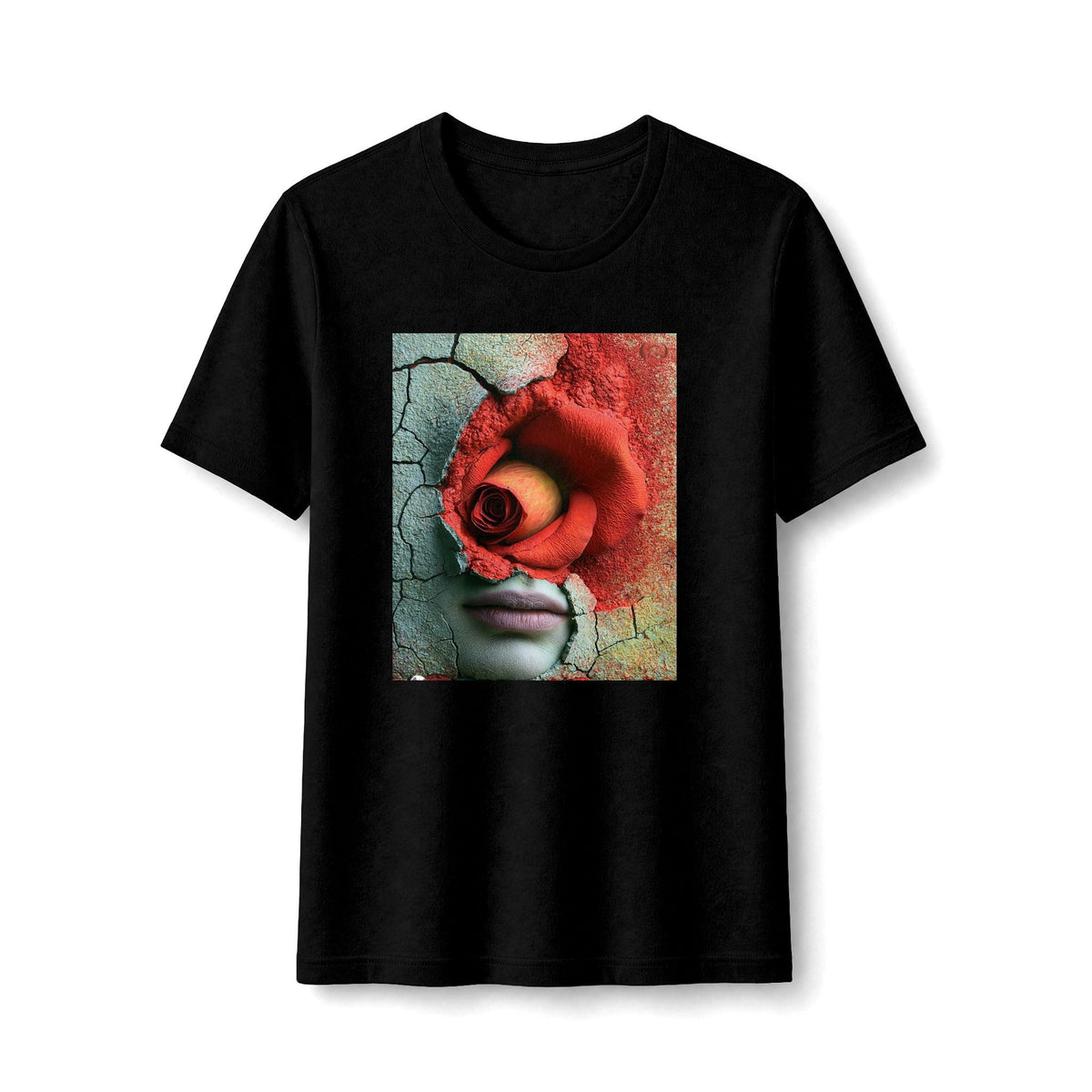PURETE black fitted graphic t-shirt featuring a surreal portrait of a face with a red rose on a cracked background.