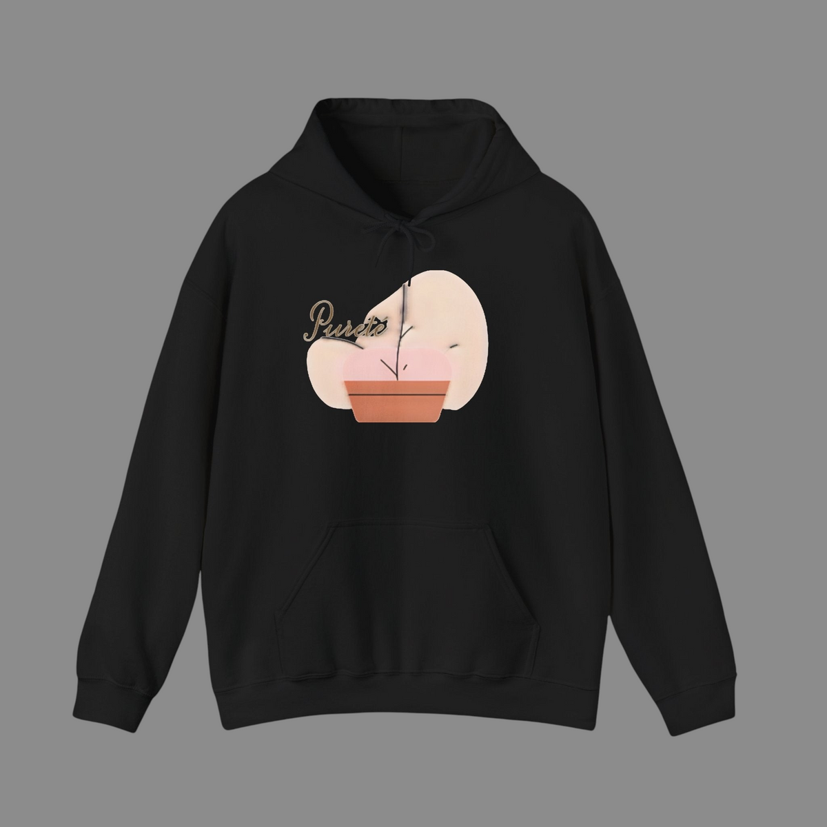 PURETE black unisex heavy blend hooded sweatshirt with a minimalist potted plant graphic on the front chest