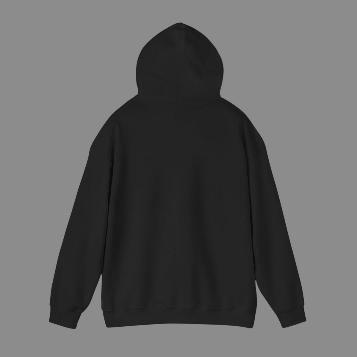 Back view of a plain black PURETE unisex heavy blend hooded sweatshirt with a double-lined hood and ribbed cuffs.