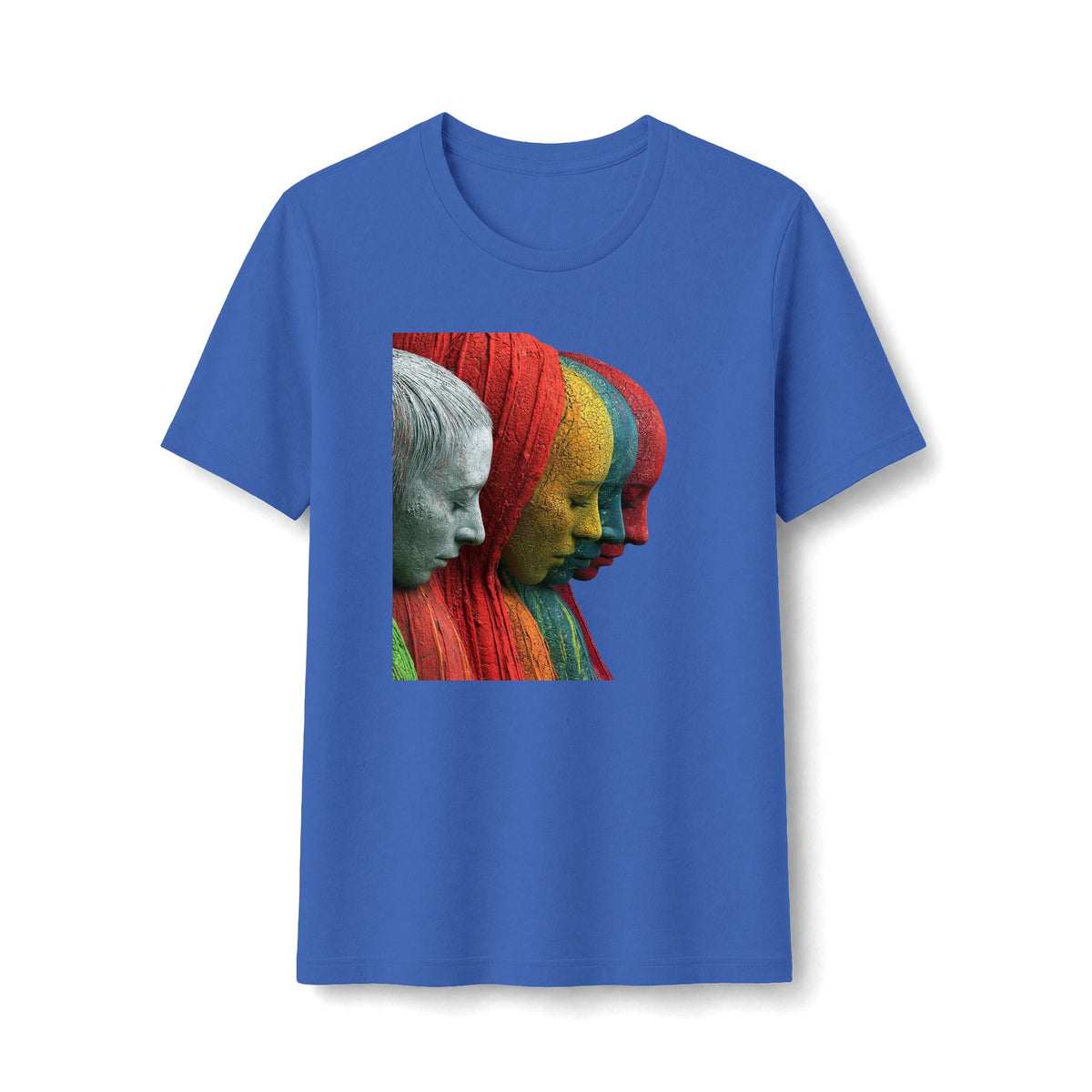 PURETE blue fitted t-shirt featuring a vibrant graphic of layered sculptural faces in red, yellow, and green.