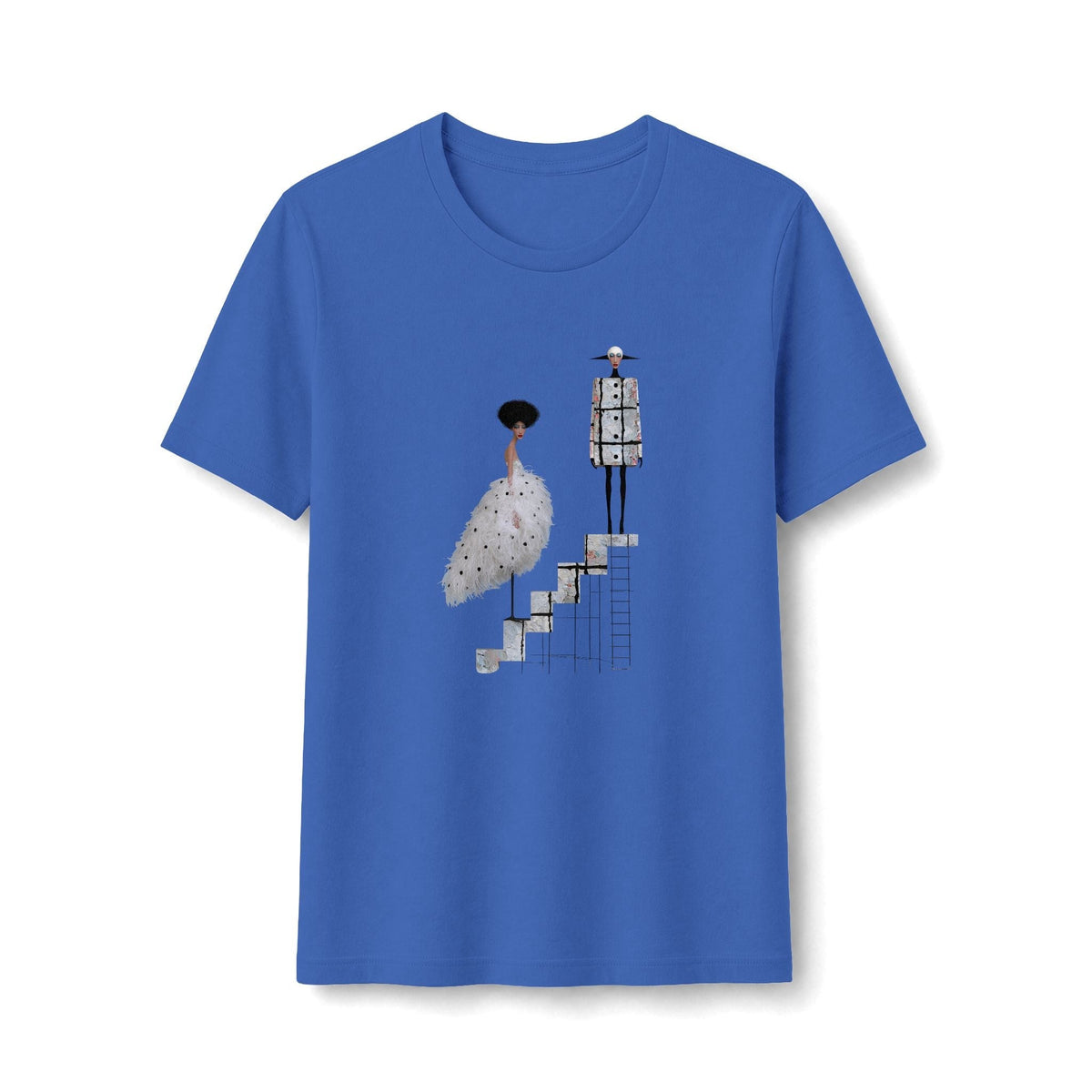 PURETE blue graphic tee featuring a whimsical illustration of a ballet couple on stairs in a soft cotton blend