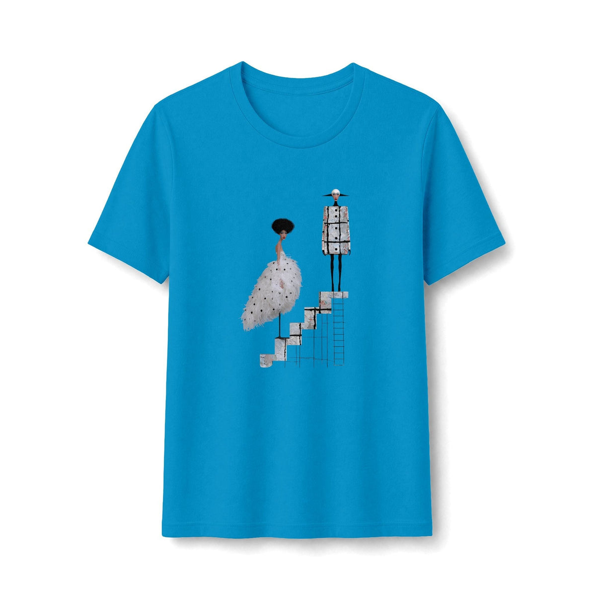 PURETE bright blue fitted graphic tee featuring a whimsical ballet couple illustration on a staircase