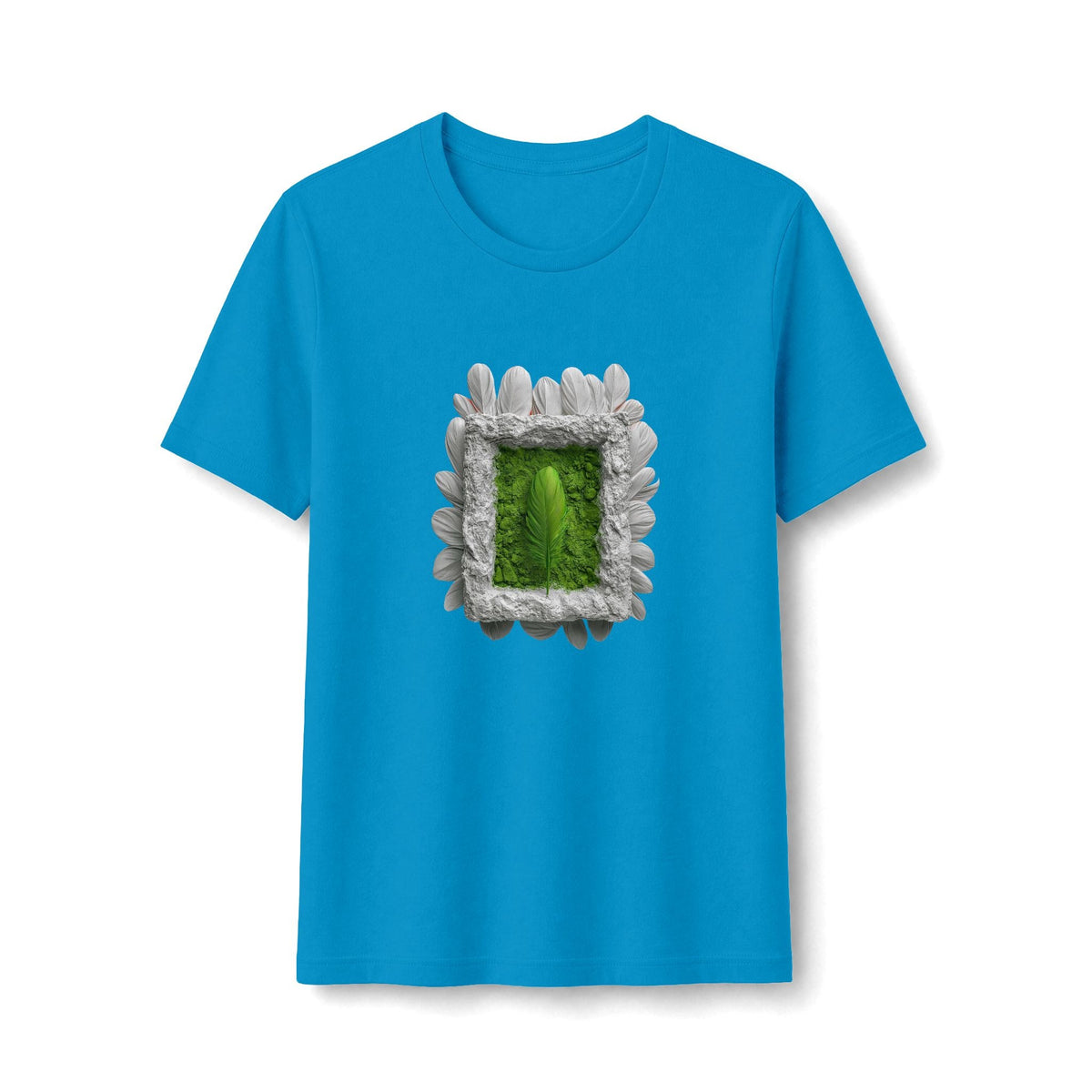 PURETE blue fitted t-shirt featuring a central graphic of a green leaf inside a white petal-bordered frame.