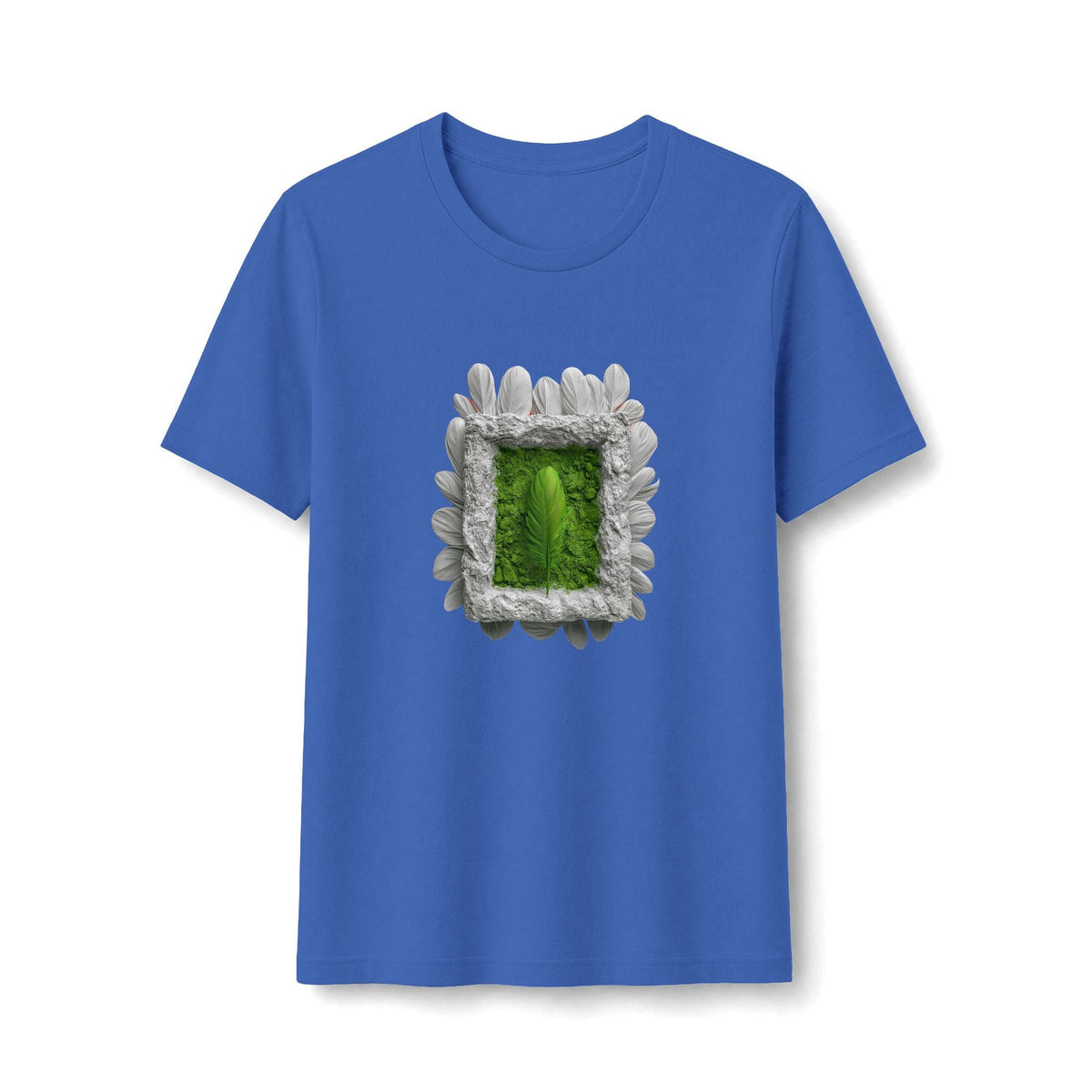 PURETE blue fitted t-shirt featuring a central graphic of a green leaf inside a white petal-bordered frame