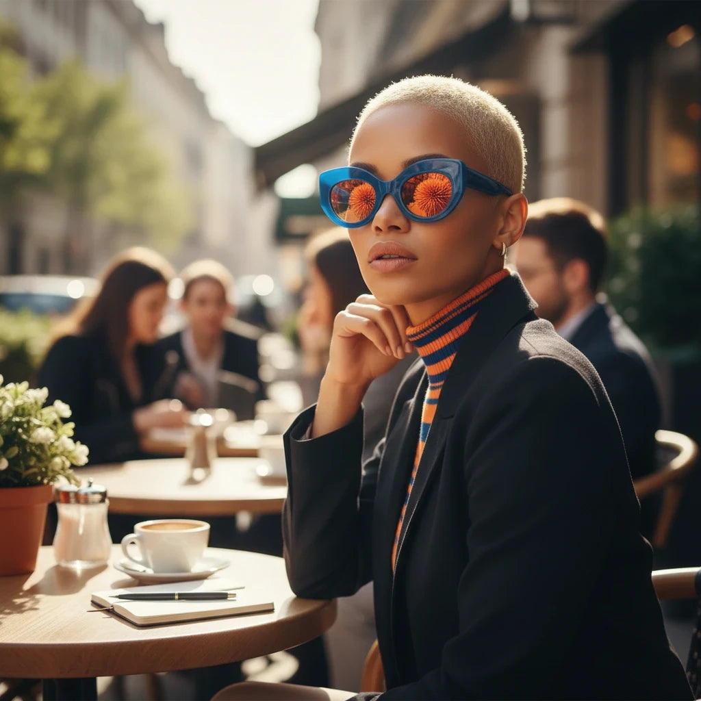 PURETE model wearing blue cat-eye sunglasses with orange reflective lenses while sitting at an outdoor cafe table.