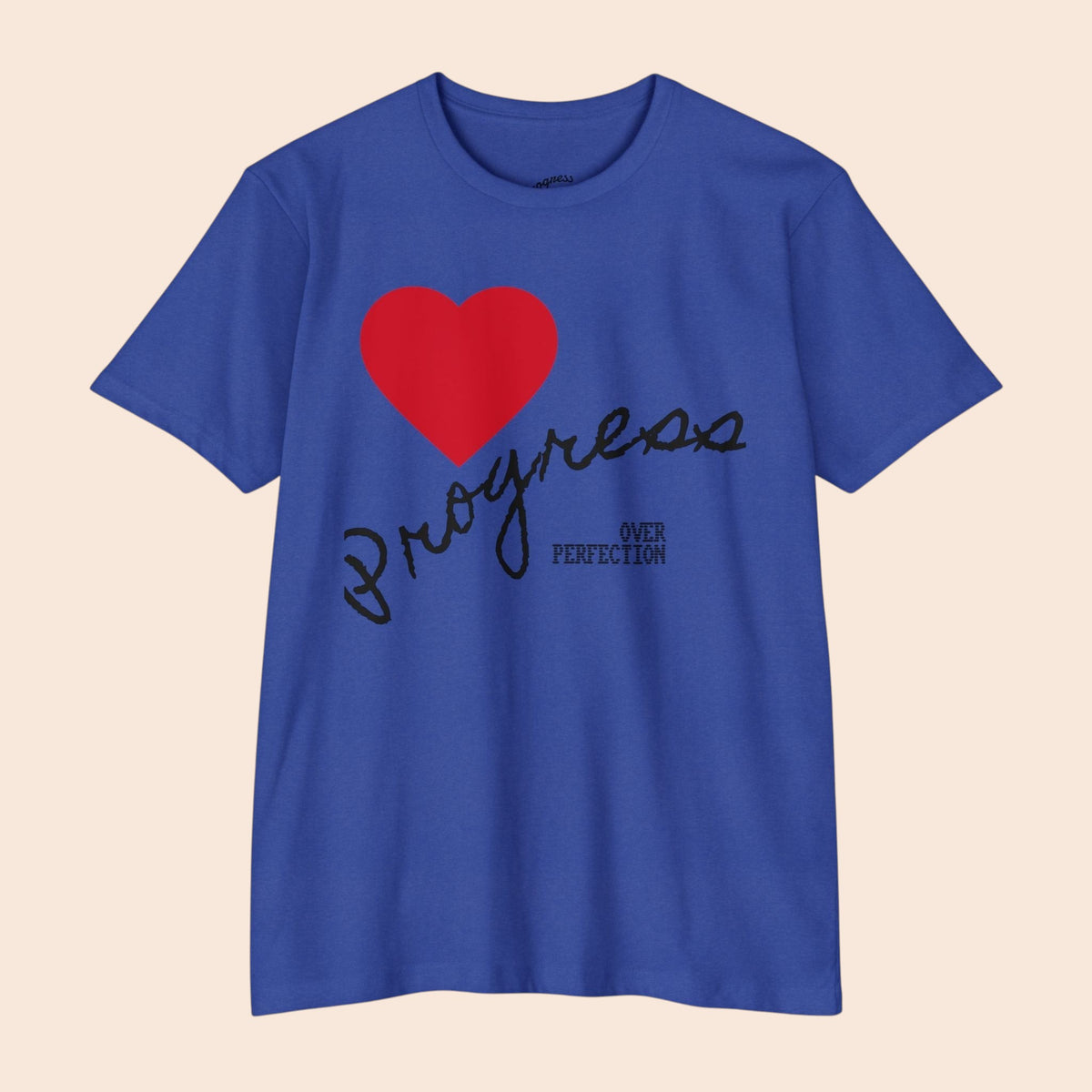 PURETE blue cotton blend t-shirt featuring a red heart and hand-lettered Progress Over Perfection graphic