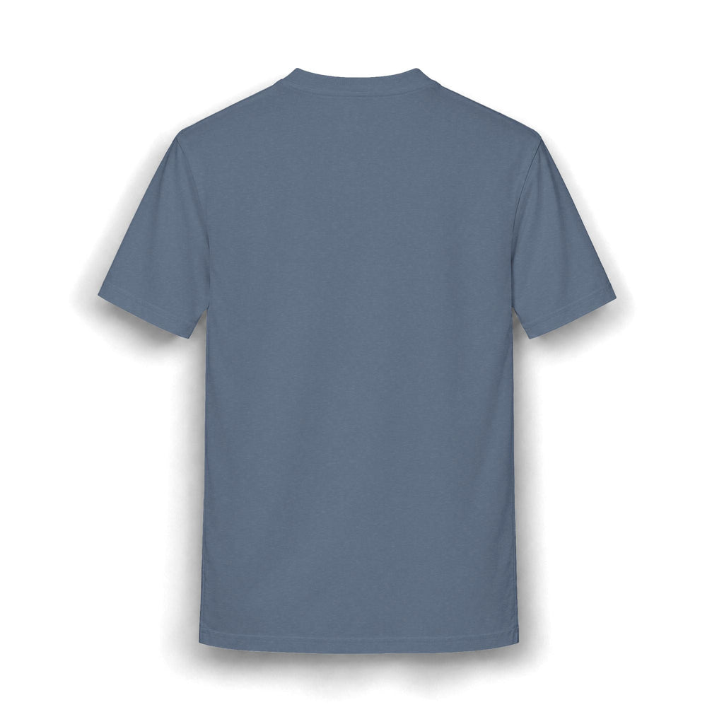 Back view of a PURETE relaxed-fit heather blue cotton blend t-shirt with a clean, minimalist design.