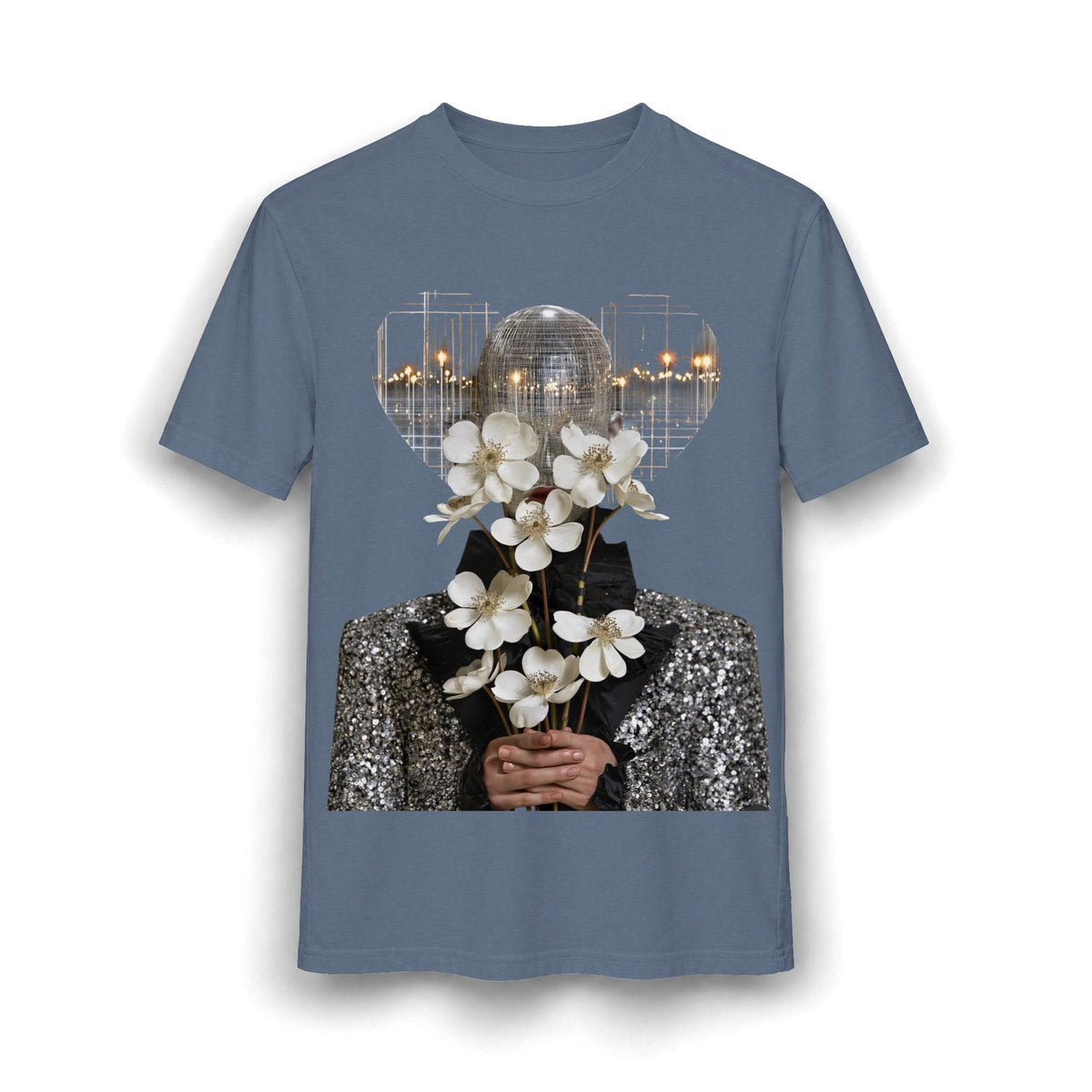 PURETE blue cotton blend tee featuring a graphic of a disco ball head holding white flowers against a city skyline.