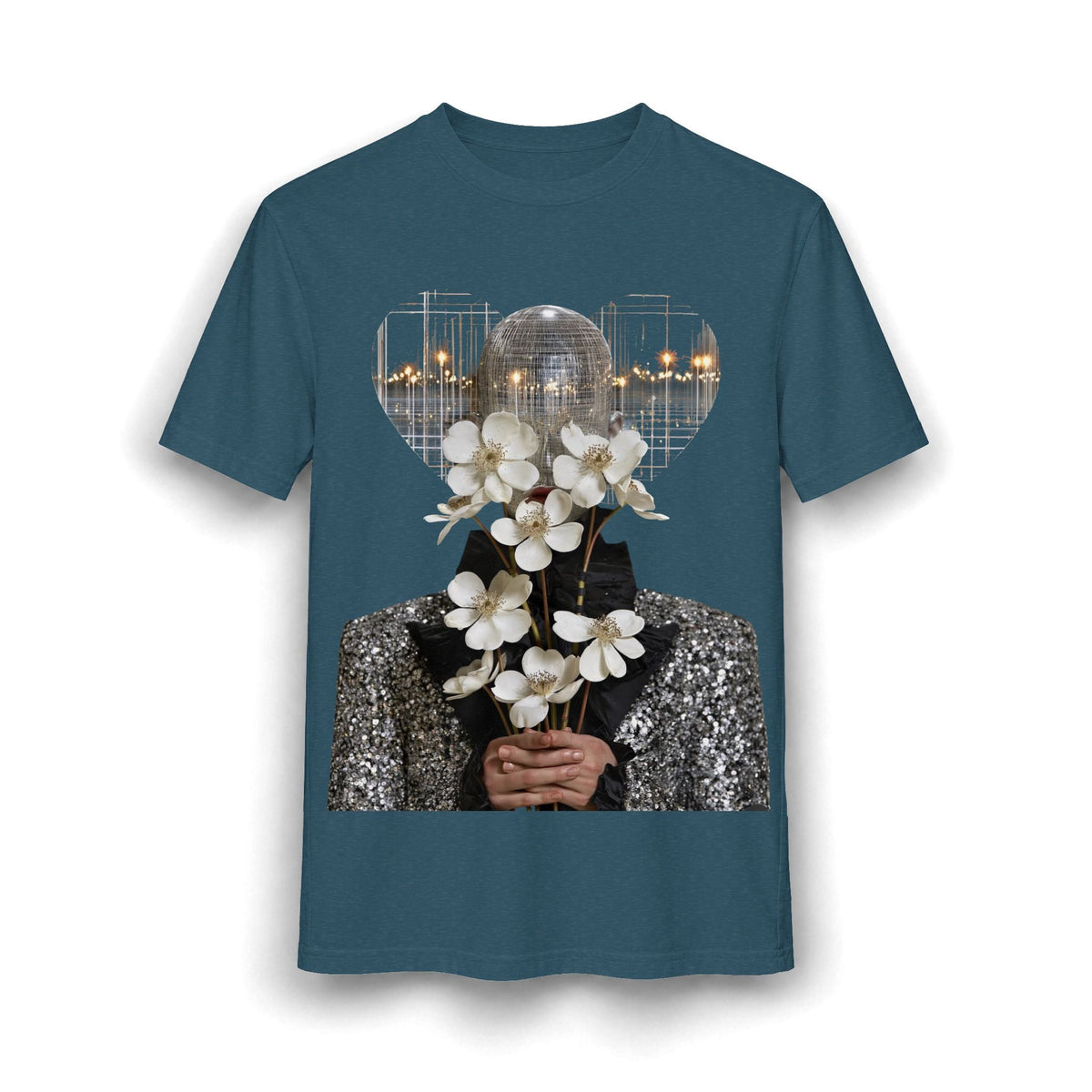 PURETE relaxed-fit blue cotton-blend tee featuring a graphic of a disco ball head and white flowers.